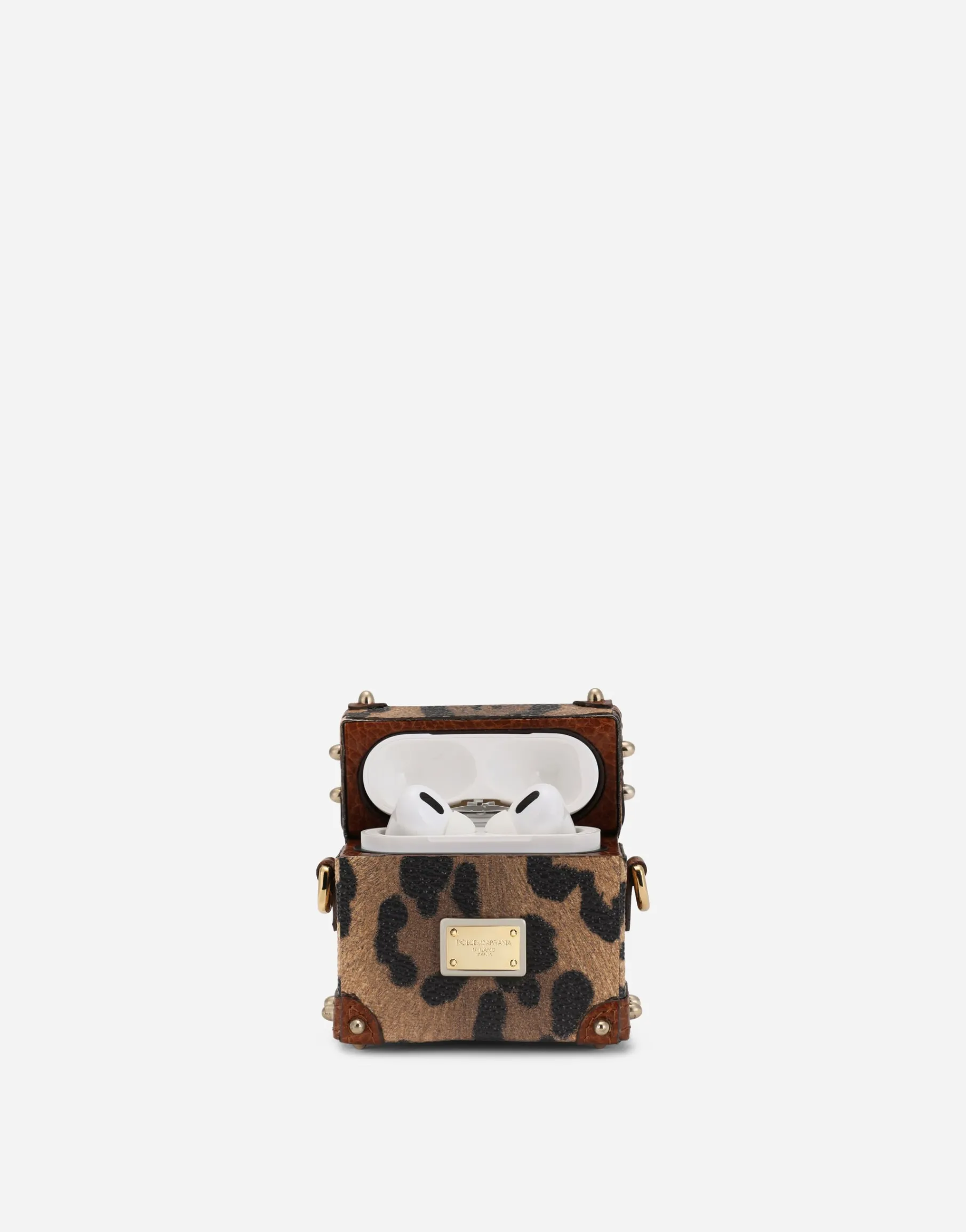 Airpods case in leopard-print Crespo with branded plate