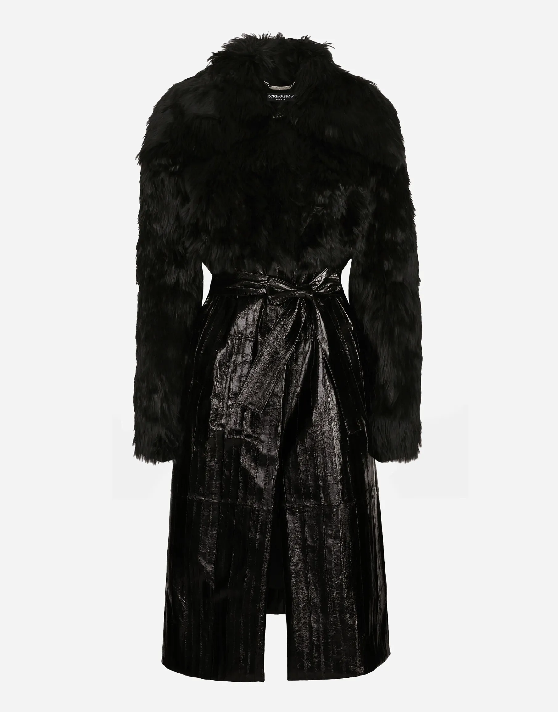 Alpaca and eel skin single-breasted coat with belt