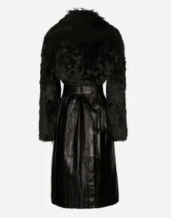 Alpaca and eel skin single-breasted coat with belt
