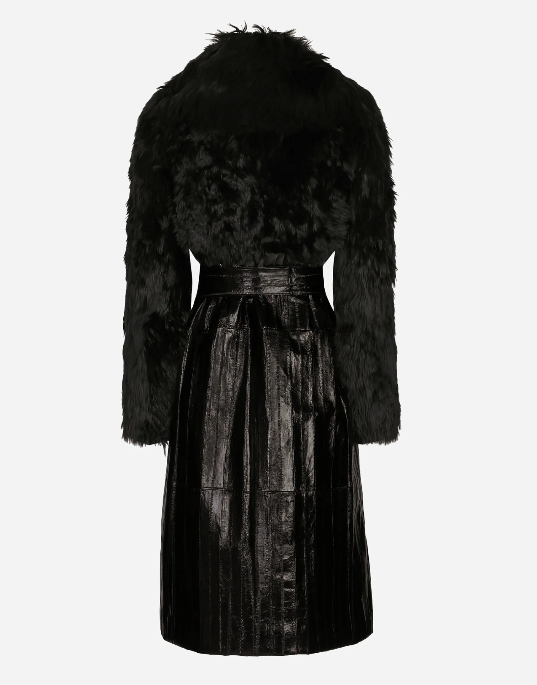 Alpaca and eel skin single-breasted coat with belt