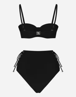 Balconette bikini top and laced high-waisted bikini bottoms