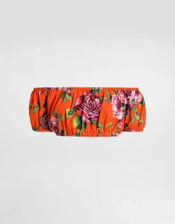 Bardot-neck top in rose-print cotton