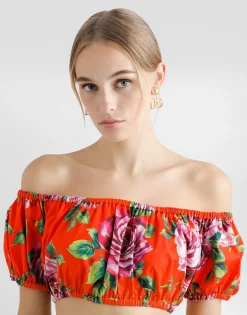 Bardot-neck top in rose-print cotton