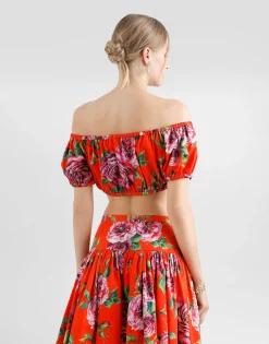 Bardot-neck top in rose-print cotton