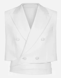 Belted cropped double-breasted wool waistcoat