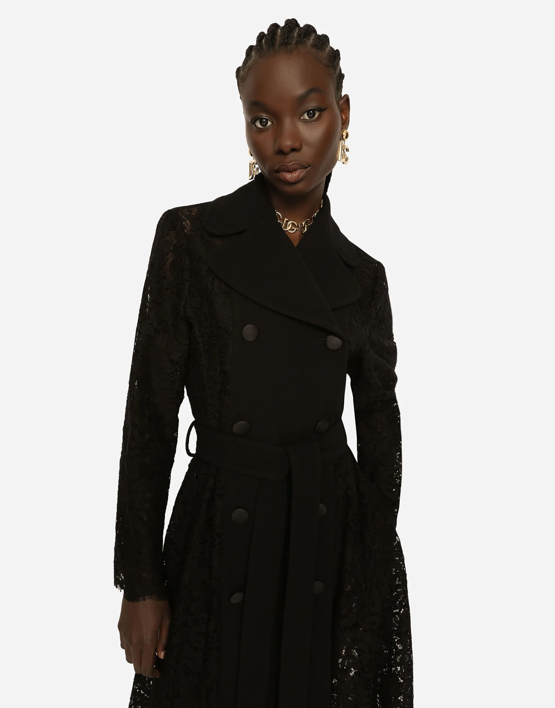 Belted double-breasted crepe and lace coat