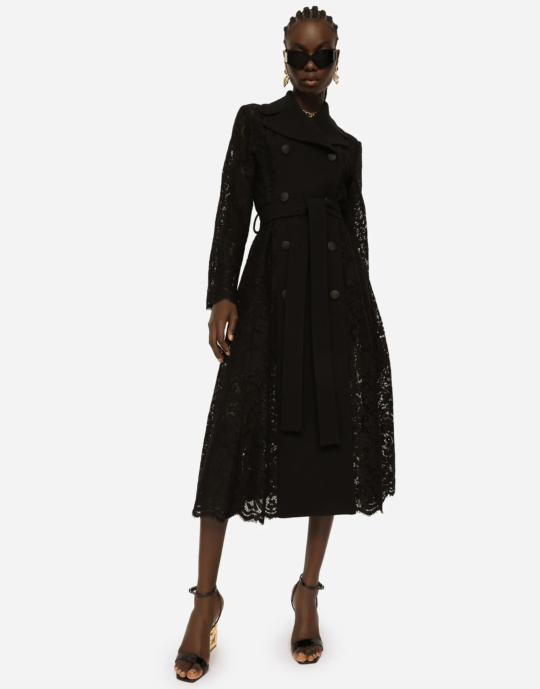 Belted double-breasted crepe and lace coat