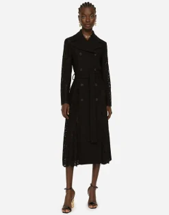 Belted double-breasted crepe and lace coat