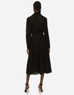 Belted double-breasted crepe and lace coat
