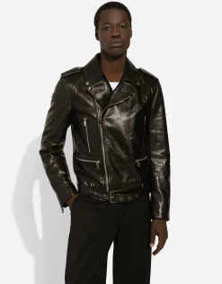 Belted leather biker jacket