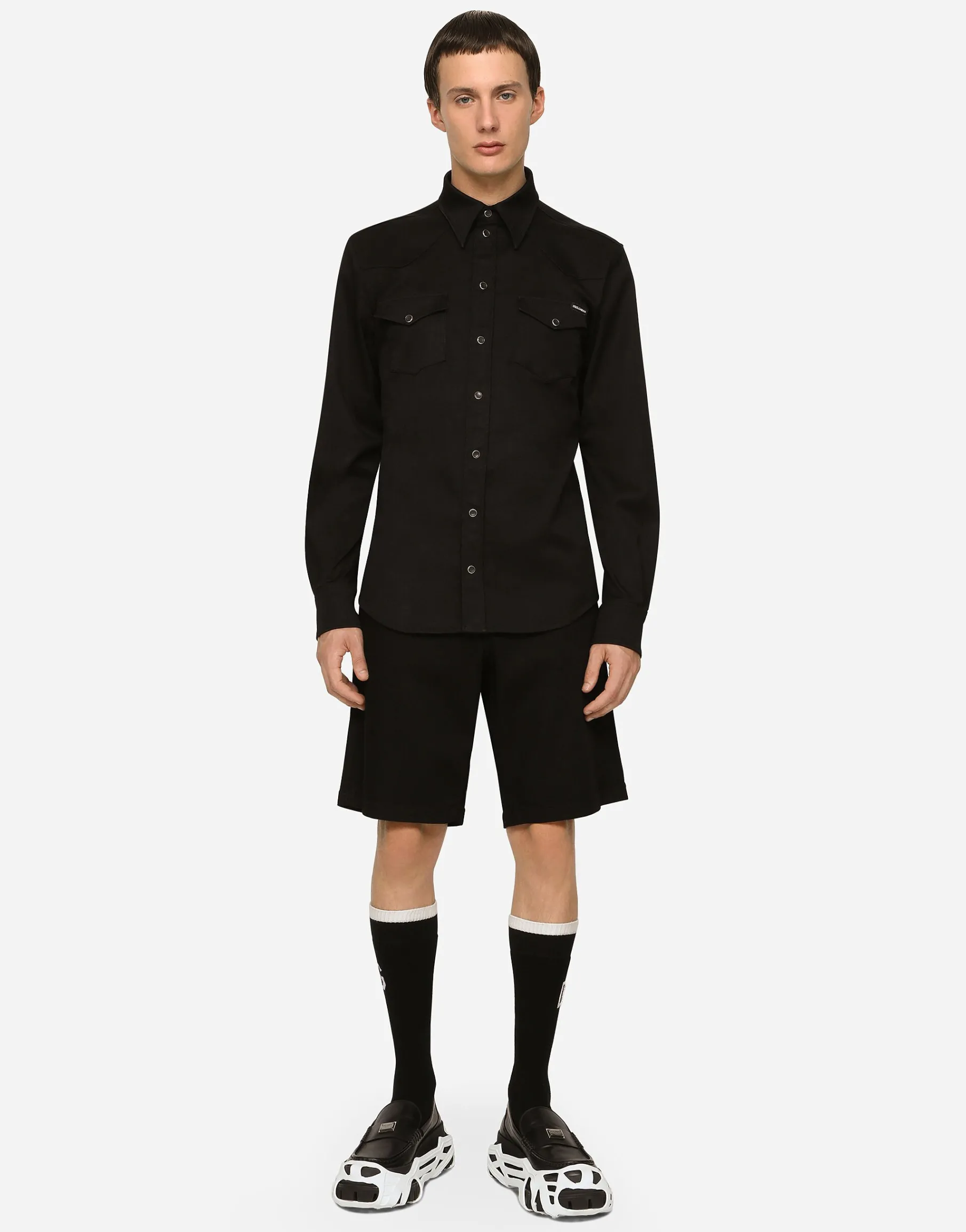 Black wash stretch denim shorts