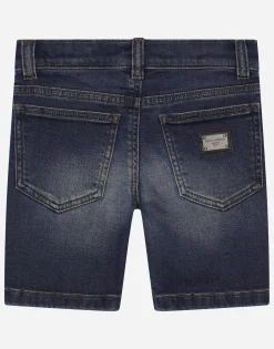 Blue wash denim jersey shorts