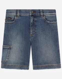 Blue wash stretch denim shorts