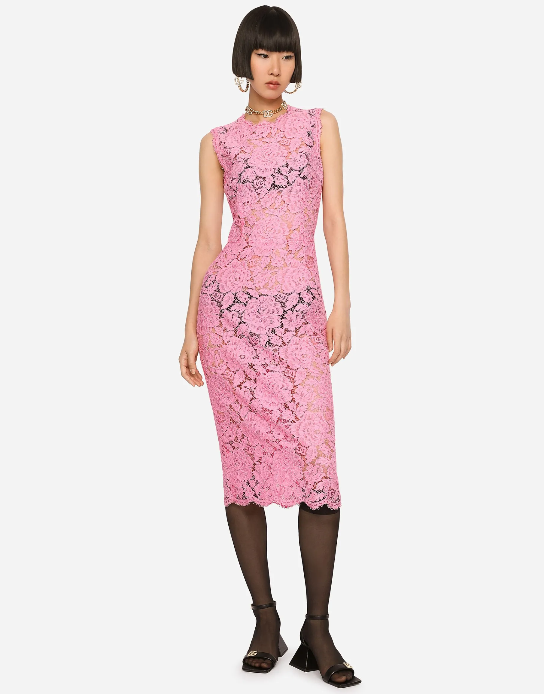 Branded stretch lace calf-length dress