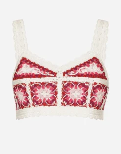 Brick-stitched crochet bustier top with Majolica print