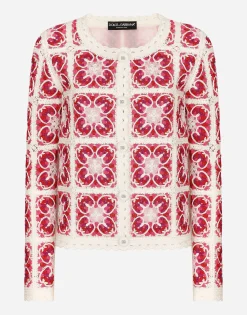 Brick-stitched crochet cardigan with Majolica print
