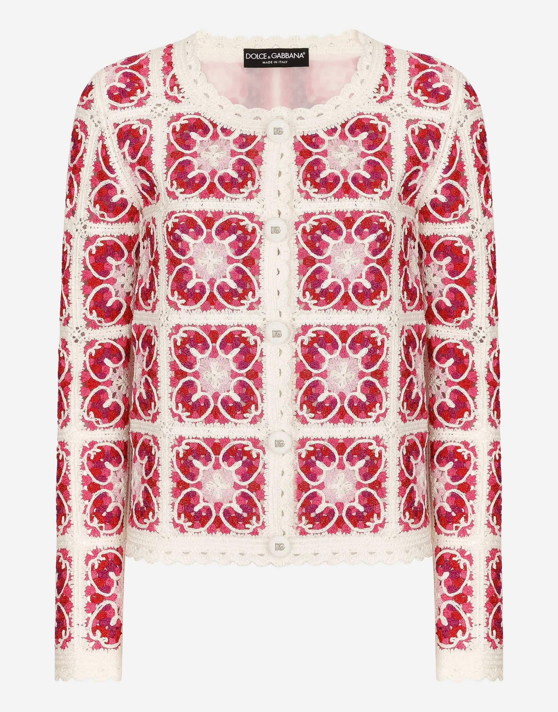 Brick-stitched crochet cardigan with Majolica print
