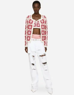 Brick-stitched crochet cardigan with Majolica print