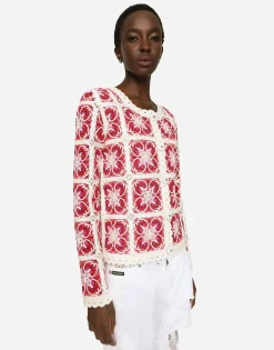 Brick-stitched crochet cardigan with Majolica print