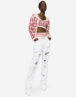 Brick-stitched crochet cardigan with Majolica print