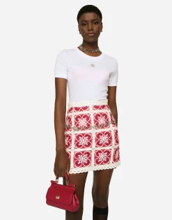 Brick-stitched crochet skirt with Majolica print