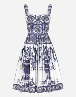 Bustier midi dress in majolica-print poplin