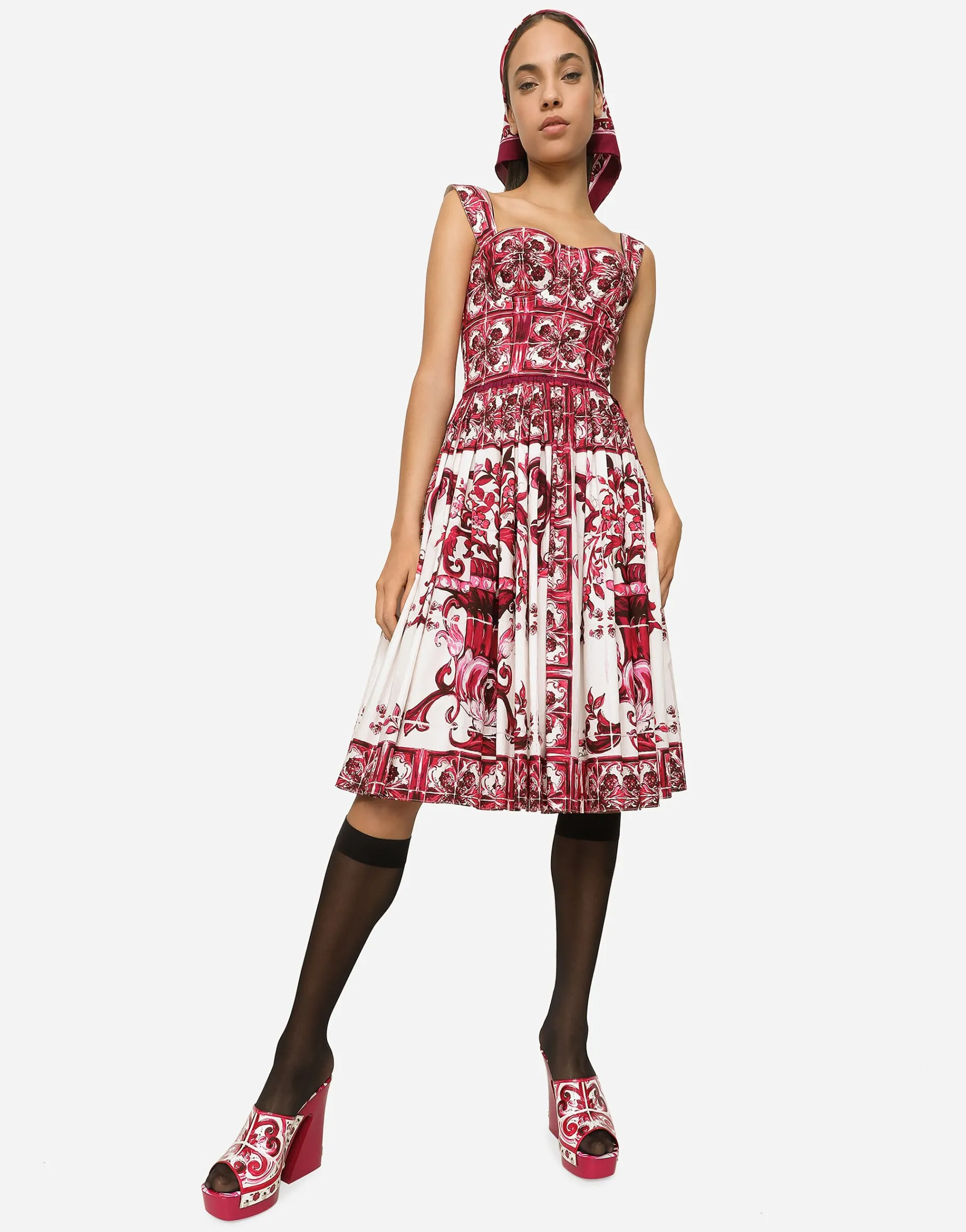 Bustier midi dress in Majolica-print poplin