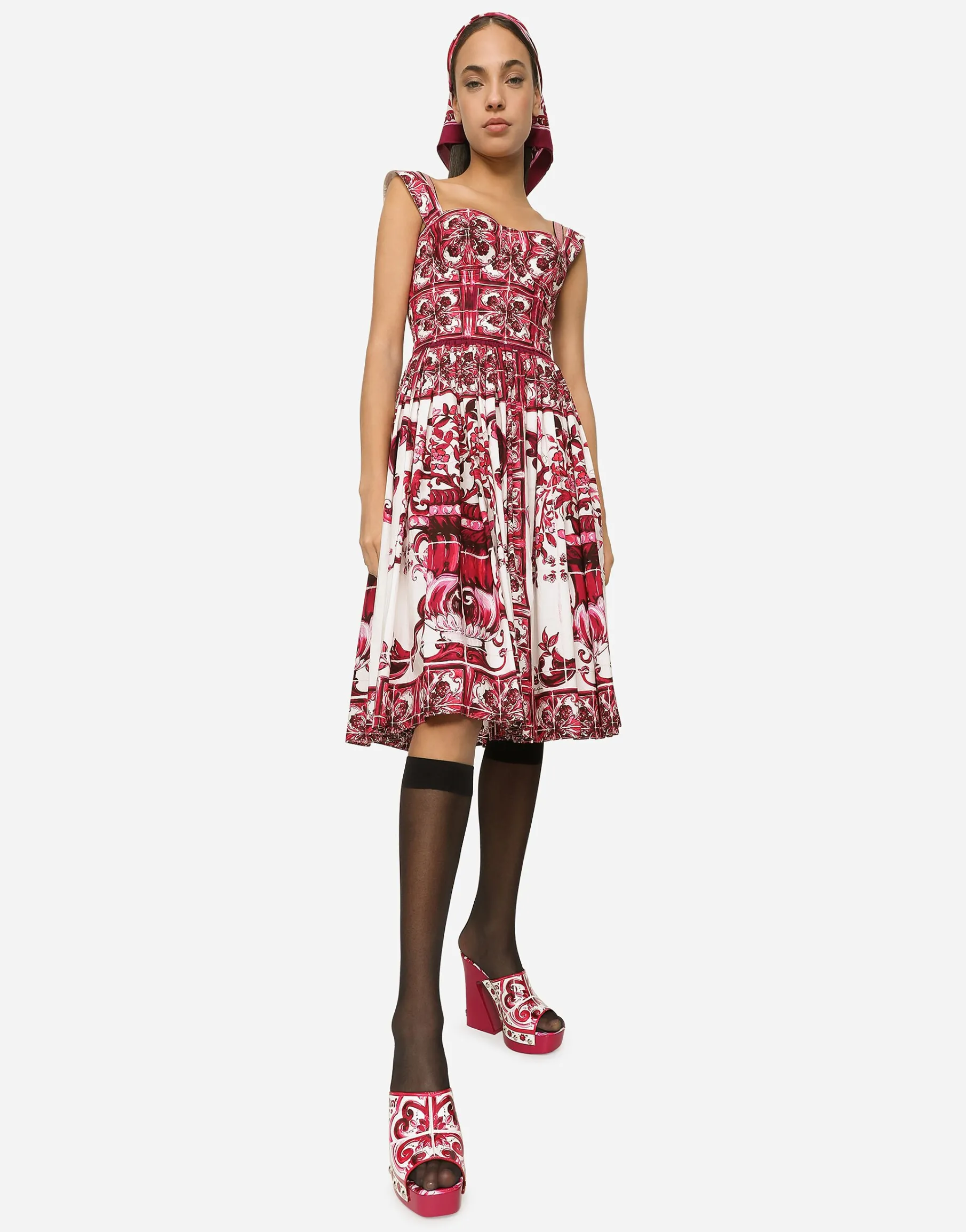 Bustier midi dress in Majolica-print poplin