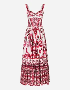 Calf-length bustier dress in Majolica-print poplin