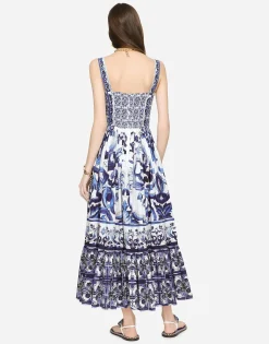 Calf-length bustier dress in majolica-print poplin