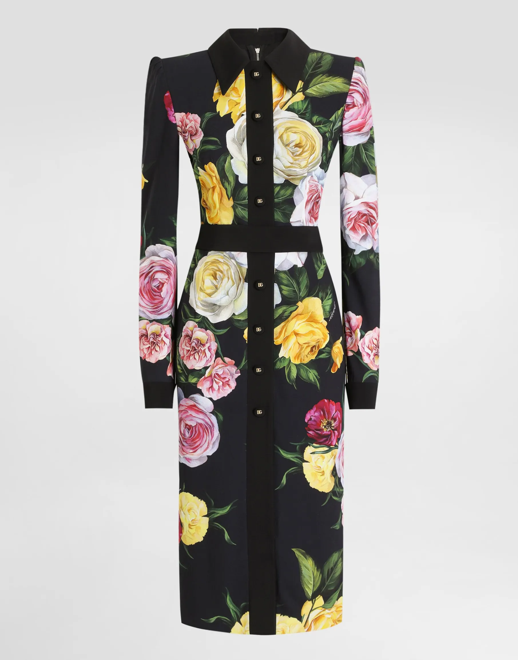 Calf-length cady shirt dress with peony and rose print