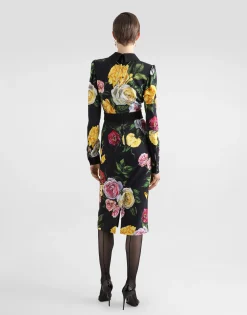 Calf-length cady shirt dress with peony and rose print