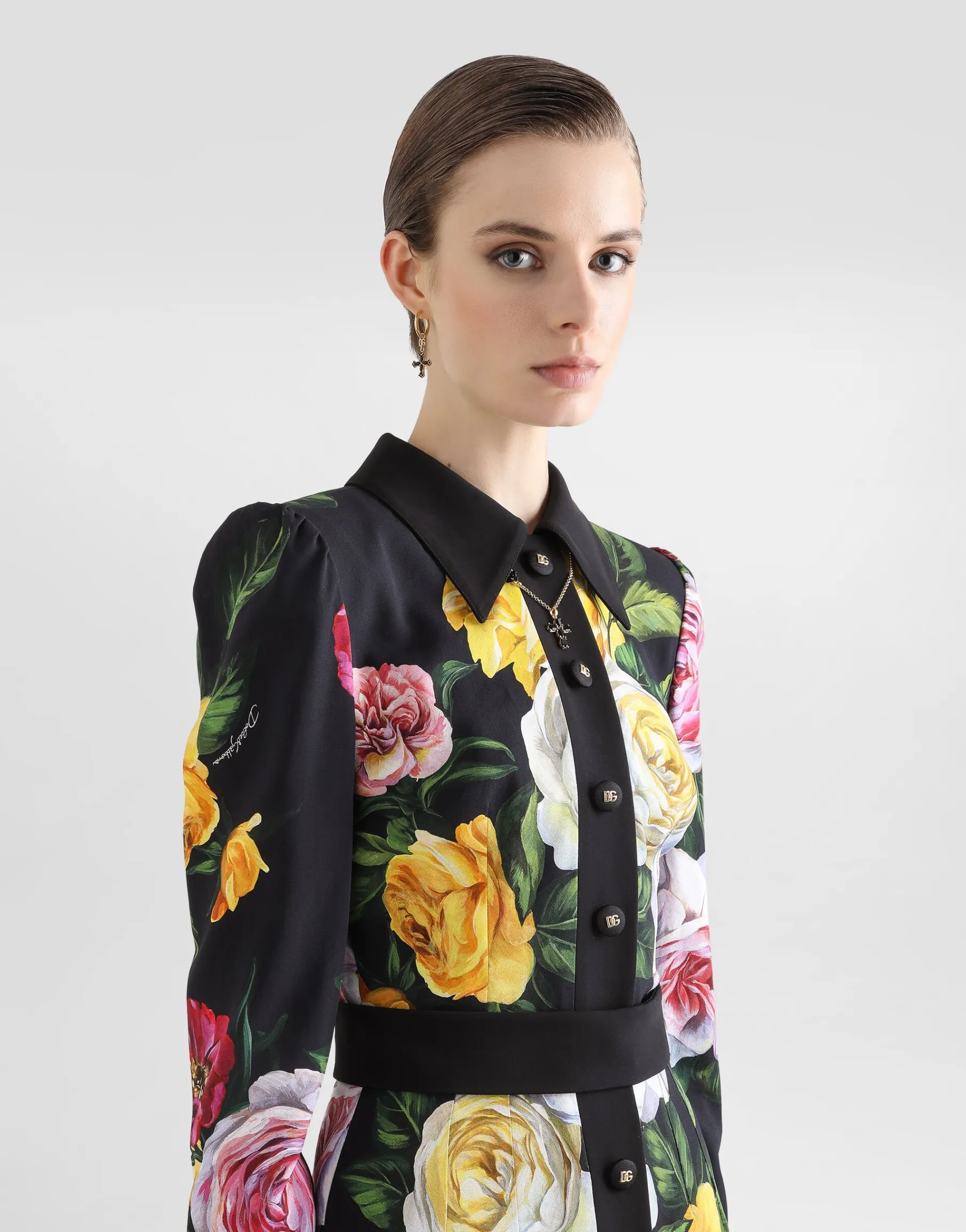 Calf-length cady shirt dress with peony and rose print