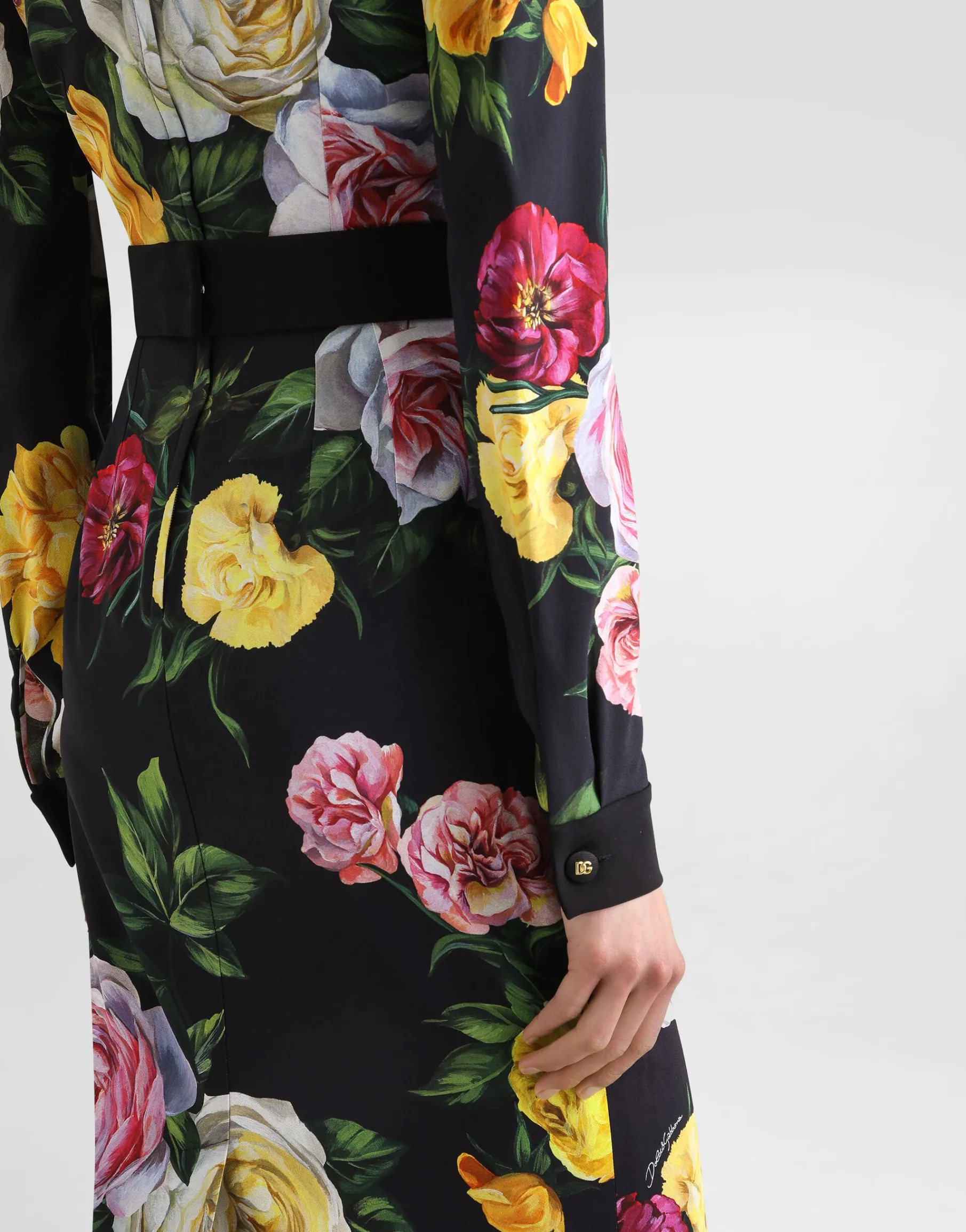 Calf-length cady shirt dress with peony and rose print