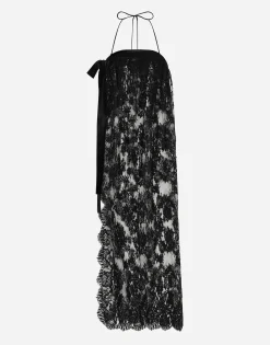 Calf-length Chantilly lace dress with satin details