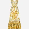 Calf-length corset dress in majolica-print cotton poplin
