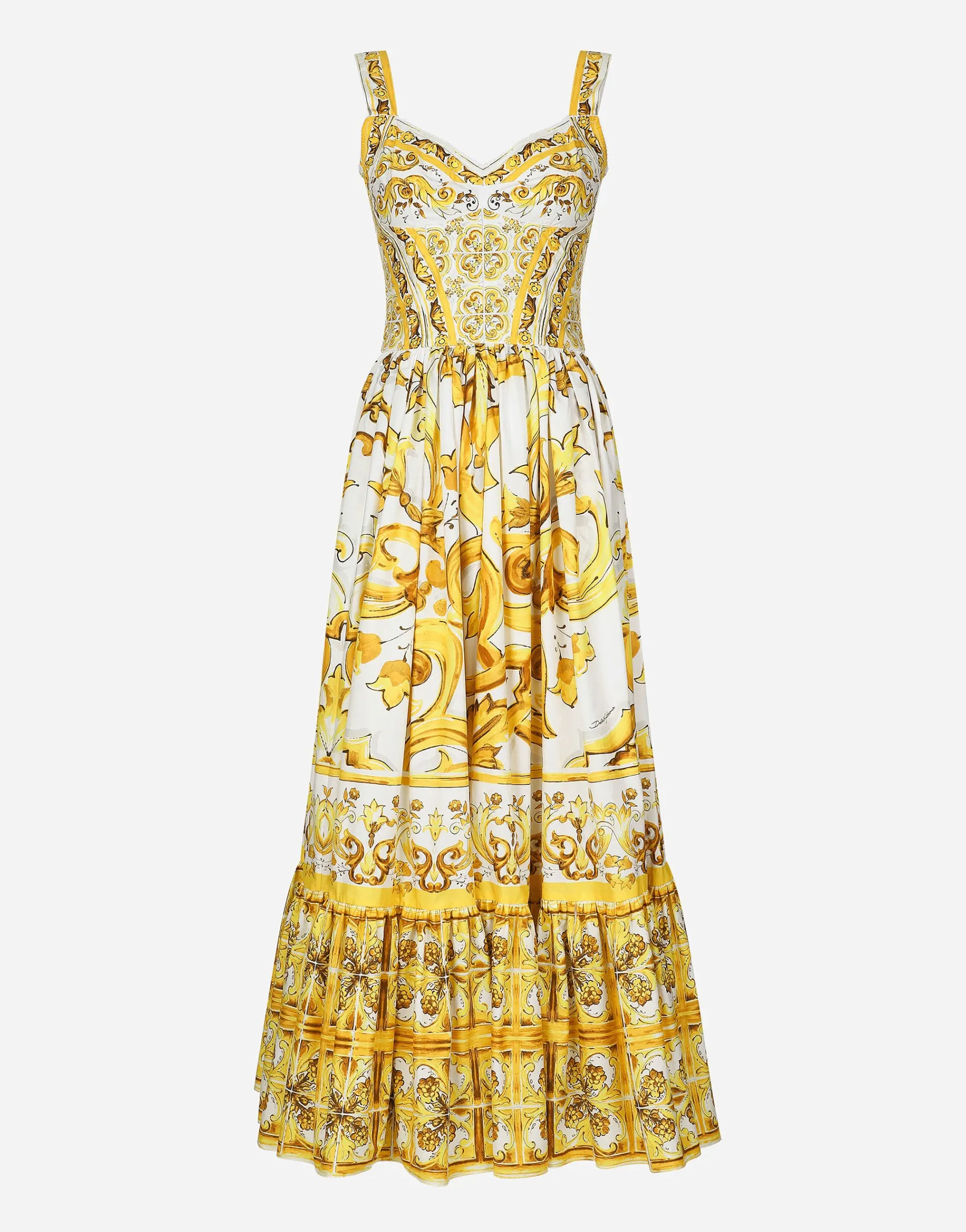Calf-length corset dress in majolica-print cotton poplin