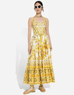 Calf-length corset dress in majolica-print cotton poplin