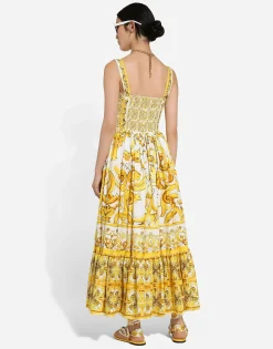 Calf-length corset dress in majolica-print cotton poplin