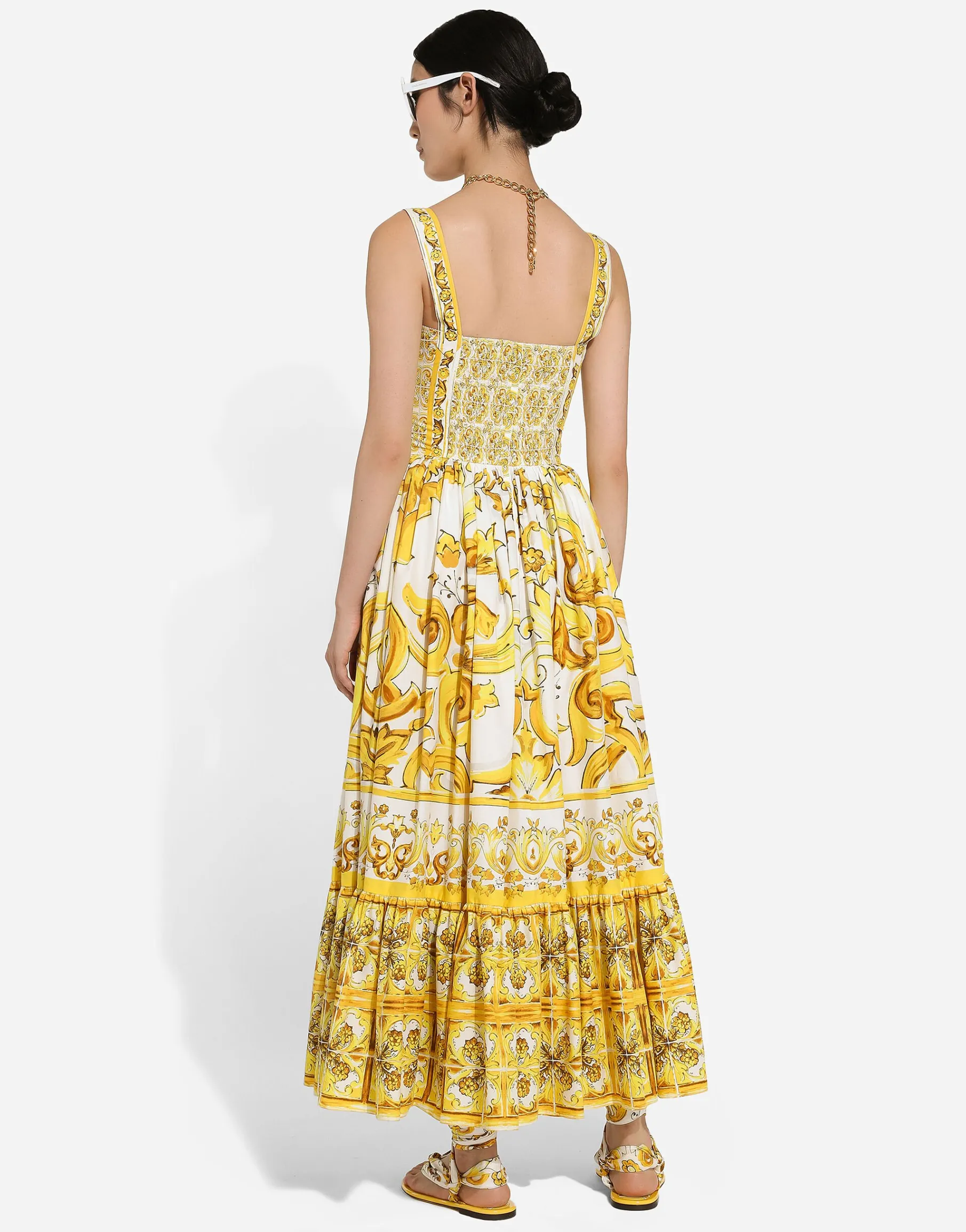 Calf-length corset dress in majolica-print cotton poplin