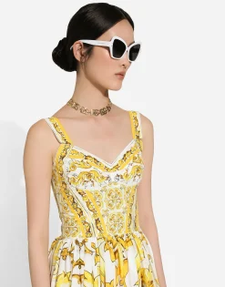 Calf-length corset dress in majolica-print cotton poplin