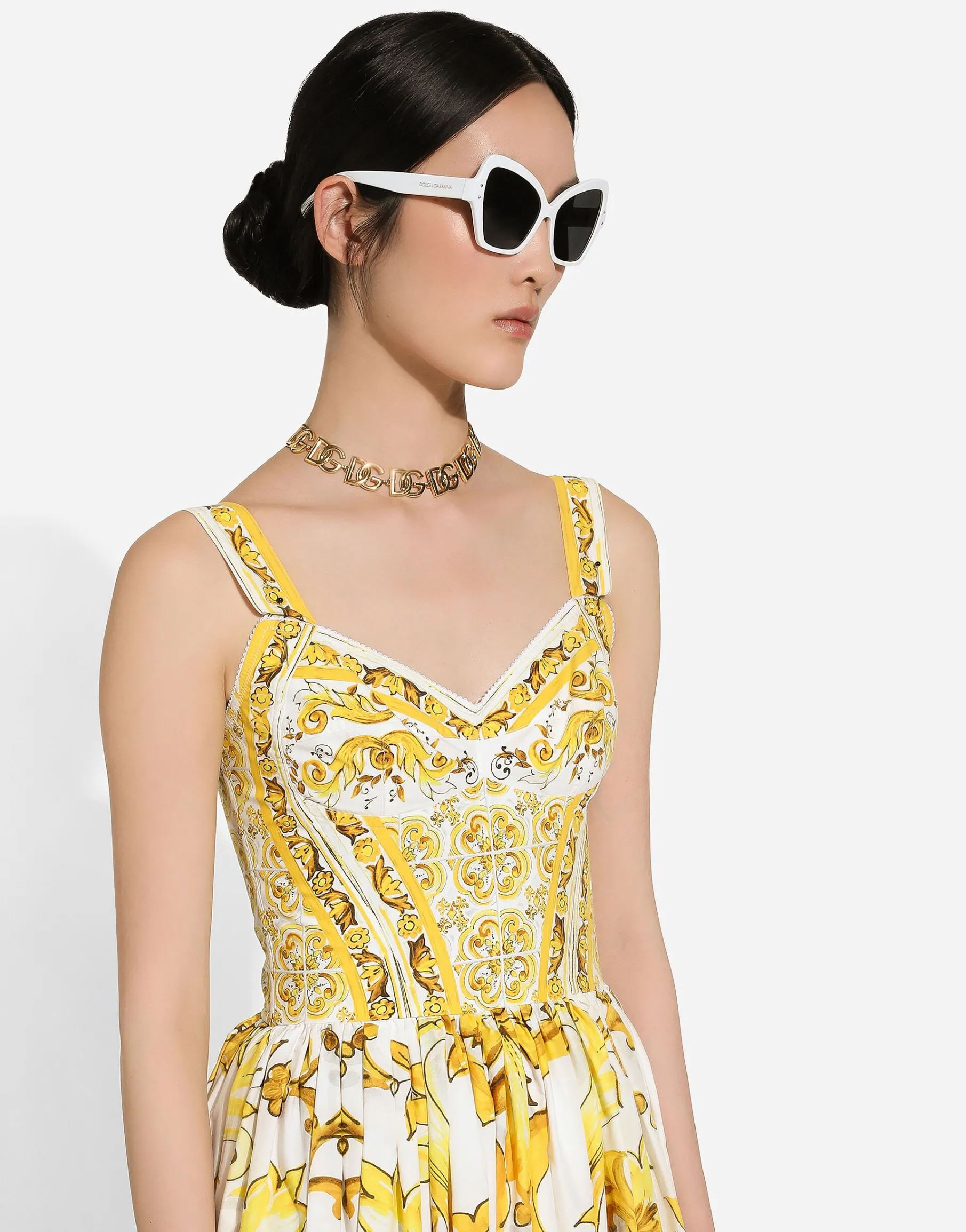 Calf-length corset dress in majolica-print cotton poplin