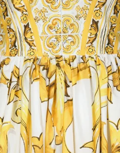 Calf-length corset dress in majolica-print cotton poplin