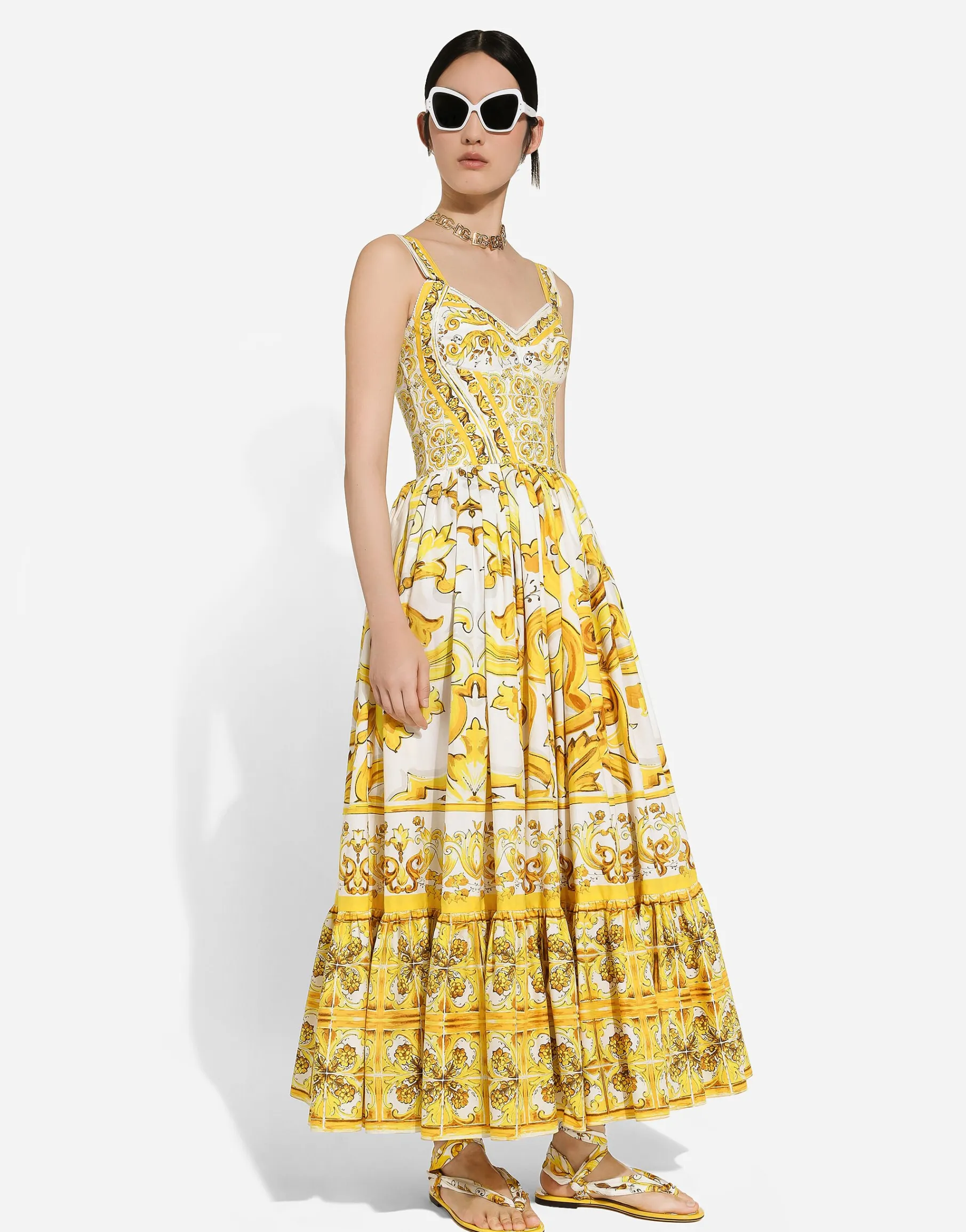 Calf-length corset dress in majolica-print cotton poplin