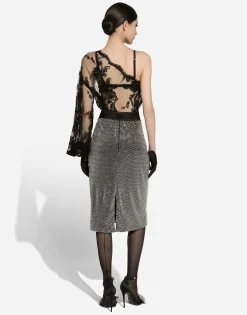 Calf-length crystal mesh skirt