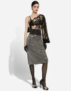 Calf-length crystal mesh skirt