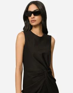 Calf-length dress in jersey Milano rib with draping