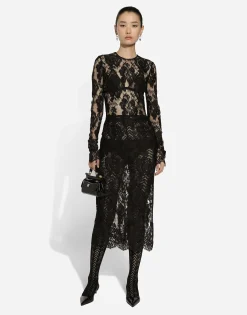 Calf-length floral lace dress