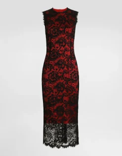 Calf-length floral lace sheath dress with contrasting lining