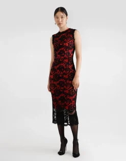 Calf-length floral lace sheath dress with contrasting lining